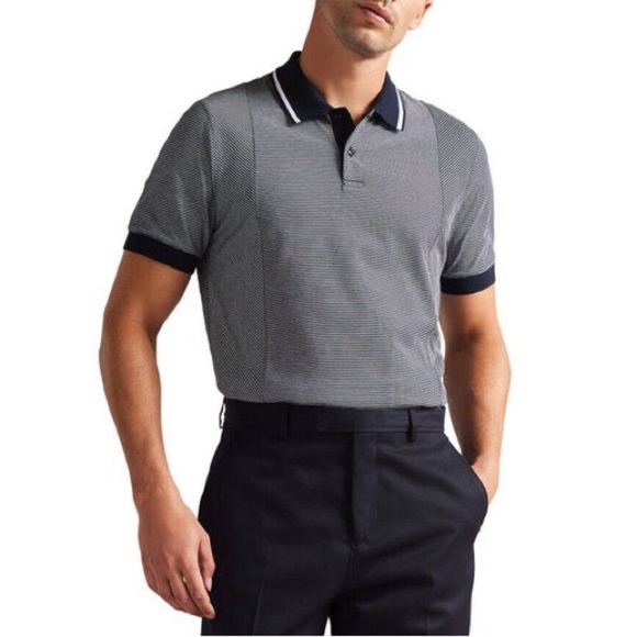 Ted Baker Mens Polo Shirt Taiga Striped with Solid Trims Polo in Navy Blue - Picture 1 of 10